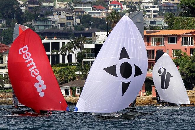 Smeg, Noakes Youth and Thurlow Fisher Lawyers had a tough battle all through the race - JJ Giltinan 18ft Skiff Championship © Frank Quealey /Australian 18 Footers League http://www.18footers.com.au